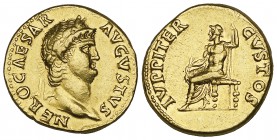 Nero (54-68), aureus, Rome, c. 64-65, NERO CAESAR AVGVSTVS, laureate head right, rev., IVPPITER CVSTOS, Jupiter seated left holding thunderbolt and sc...