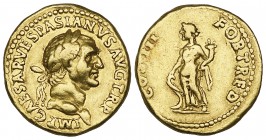 Vespasian (69-79), aureus, Lyon, 71, IMP CAESAR VESPASIANVS AVG TR P, laureate head right, rev., FORT RED COS III, Fortuna standing left holding prow ...