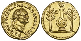 Vespasian (69-79), posthumous aureus, struck by Titus, Rome, c. 80-81, DIVVS AVGVSTVS VESPASIANVS, laureate head right, rev., EX S C, column mounted b...