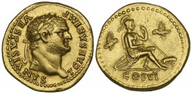 Titus (79-81), aureus, struck as Caesar by Vespasian, Rome, 77-78, T CAESAR IMP VESPASIANVS, laureate head right, rev., COS VI, Roma seated right on s...
