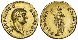 Domitian (81-96), aureus, struck as Caesar by Vespasian, Rome, 75, CAES AVG F DOMIT COS III, laureate head right, rev., PRINCEPS IVVENTVT, Spes advanc...
