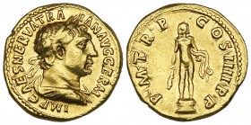 Trajan (98-117), aureus, Rome, 101-102, IMP CAES NERVA TRAIAN AVG GERM, laureate and draped bust right, rev., P M TR P COS IIII P P, statue of Hercule...