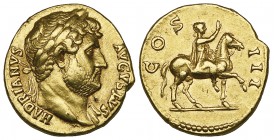 Hadrian (117-138), aureus, Rome 125-128, HADRIANVS AVGVSTVS, laureate head right, rev., COS III, Hadrian on horseback right, raising right hand, 7.27g...