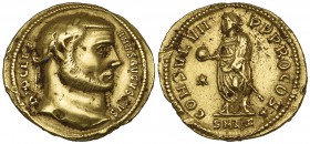 Diocletian (284-305), aureus, Antioch, c. 299-302, DIOCLETI-ANVS AVGVSTVS, laureate head right, rev., CONSVL VIIP P PROCOS, emperor standing left hold...