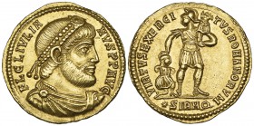 Julian II (355-363), solidus, Sirmium, 362-363, FL CL IVLIANVS P P AVG, diademed and draped bust right, rev., VIRTVS EXERCITVS ROMANORVM, soldier stan...