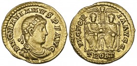 Gratian (367-383), solidus, Trier, 373-374, diademed and draped bust right, rev., VICTORIA AVGG, two emperors enthroned; in ex., TROBT, 4.44g, die axi...