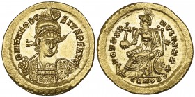 Theodosius II (402-450), solidus, Constantinople, 430-440, helmeted bust facing three-quarters right, rev., VOT XXX MVLT XXXX, Constantinopolis seated...