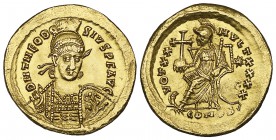 Theodosius II (402-450), solidus, Constantinople, 430-440, helmeted bust facing three-quarters right, rev., VOT XXX MVLT XXXX, Constantinopolis seated...