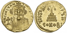 Constans II (641-668), solidus, Constantinople, facing bust, rev., cross potent on steps; officina H, 4.42g, die axis 6.00 (DO 19; S. 956), partly wea...
