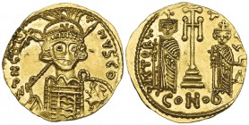 Constantine IV (668-685), solidus, uncertain western mint (?), dN CON-T NVS CO, helmeted bust facing, holding spear and shield adorned with horseman, ...