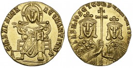 Basil I (867-886), solidus, Constantinople, 868-879, Christ enthroned facing, rev., busts of Basil and Constantine holding patriarchal cross, 4.33g, d...