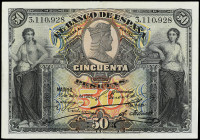 Spanish Banknotes
Banco de España

50 Pesetas. 15 Julio 1907. Catedral de Burgos. (Un pliegue marcado, todo el margen en reverso erosionado por hab...