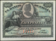 Spanish Banknotes
Banco de España

100 Pesetas. 15 Julio 1907. Catedral de Sevilla. (Leves reparaciones). Ed-320. (MBC+).