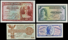 Spanish Banknotes
Banco de España

Lote 4 billetes 50 Céntimos, 1, 5 y 10 Pesetas. 1935 y 1937. 50 Céntimos Serie A, 1 Peseta Serie B, 5 y 10 Peset...
