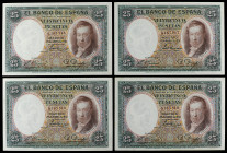 Spanish Banknotes
Banco de España

Lote 4 billetes 25 Pesetas. 25 Abril 1931. Vicente Lopez. Todos correlativos. (Esquinas algo rozadas, levisimas ...