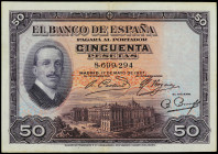 Spanish Banknotes
Banco de España

50 Pesetas. 17 Mayo 1927. Alfonso XIII. Con sello tampón violeta REPÚBLICA ESPAÑOLA. Ed-332. (MBC+).