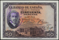 Spanish Banknotes
Banco de España

50 Pesetas. 17 Mayo 1927. Alfonso XIII. Con Sello tampón violeta REPÚBLICA ESPAÑOLA. Ed-332. (MBC+).