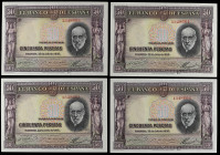 Spanish Banknotes
Banco de España

Lote 4 billetes 50 Pesetas. 22 Julio 1935. Ramón y Cajal. Sin Serie. Todos correlativos. (Arrugas profundas marc...