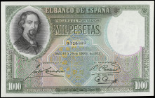 Spanish Banknotes
Banco de España

1.000 Pesetas. 25 Abril 1931. Zorrilla. (Pliegue en esquina). Ed-362. EBC+.