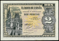 Spanish Banknotes
Estado Español

2 Pesetas. 12 Octubre 1937. Catedral de Burgos. Serie A. (Pequeñas arrugas, esquina levemente doblada). Ed-426. S...