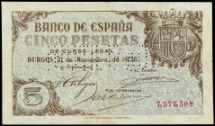Spanish Banknotes
Estado Español

5 Pesetas. 21 Noviembre 1936. INUTILIZADO en taladro. (Leve reparación). Ed-417N. MBC.