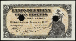 Spanish Banknotes
Estado Español

5 Pesetas. 18 Julio 1937. Portabella. Serie A. Con dos taladros centrales. (Dos puntos de aguja, mínimas manchita...