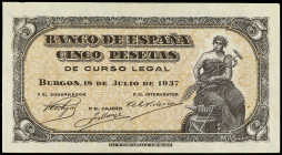 Spanish Banknotes
Estado Español

5 Pesetas. 18 Julio 1937. Portabella. Serie A. (Muy leve manchita). Ed-424a. MBC+.