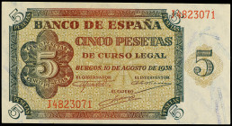 Spanish Banknotes
Estado Español

5 Pesetas. 10 Agosto 1938. Serie J. (Leves arruguitas, una esquina algo doblada). Ed-435a. (SC).