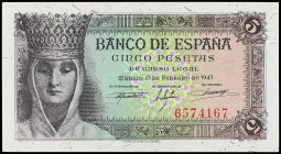 Spanish Banknotes
Estado Español

5 Pesetas. 13 Febrero 1943. Isabel la Católica. Sin Serie. (Levísimas arruguitas, levísimas manchitas, esquina al...