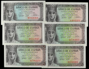 Spanish Banknotes
Estado Español

Lote 6 billetes 5 Pesetas. 13 Febrero 1943. Isabel la Católica. Serie B a G. (Arrugas). A EXAMINAR. Ed-446a. EBC+...