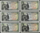 Spanish Banknotes
Estado Español

Lote 6 billetes 5 Pesetas. 15 Junio 1945. Capitulaciones de Santa Fe. Sin Serie. (Leves arruguitas y alguna levís...