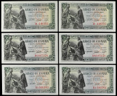 Spanish Banknotes
Estado Español

Lote 6 billetes 5 Pesetas. 15 Junio 1945. Capitulaciones de Santa Fe. Serie D y H. Tres parejas correlativas. (Al...