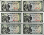 Spanish Banknotes
Estado Español

Lote 13 billetes 5 Pesetas. 15 Junio 1945. Capitulaciones de Santa Fe. Serie A, C, F y H. Cinco parejas correlati...