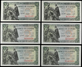 Spanish Banknotes
Estado Español

Lote 12 billetes 5 Pesetas. 15 Junio 1945. Capitulaciones de Santa Fe. Serie D, E, F, G, J y I.Todos parejas corr...