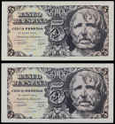 Spanish Banknotes
Estado Español

Lote 2 billetes 5 Pesetas. 12 Abril 1947. Séneca. Sin serie. Pareja correlativa. Ed-454. SC.