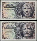 Spanish Banknotes
Estado Español

Lote 2 billetes 5 Pesetas. 12 Abril 1947. Séneca. Sin serie. Pareja correlativa. (Leves dobles en esquina). Ed-45...