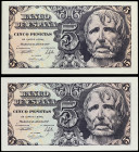 Spanish Banknotes
Estado Español

Lote 2 billetes 5 Pesetas. 12 Abril 1947. Séneca. Sin serie. (Uno levísima manchita). Ed-454. SC.