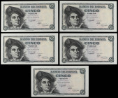 Spanish Banknotes
Estado Español

Lote 5 billetes 5 Pesetas. 5 Marzo 1948. Elcano. Serie E. Quinteto correlativo. Ed-455a. SC.