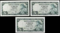 Spanish Banknotes
Estado Español

Lote 3 billetes 5 Pesetas. 22 Julio 1954. Alfonso X. Sin Serie. Trio correlativo. Ed-466. EBC+.