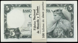 Spanish Banknotes
Estado Español

Lote 100 billetes 5 Pesetas. 22 Julio 1954. Alfonso X. Serie D. Todos correlativos. En fajo original F.N.M.T. (Al...