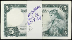 Spanish Banknotes
Estado Español

Lote 100 billetes 5 Pesetas. 22 Julio 1954. Alfonso X. Serie Q. Todos correlativos. (Alguna levísima manchita, al...