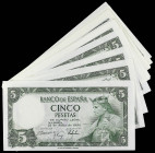 Spanish Banknotes
Estado Español

Lote 16 billetes 5 Pesetas. 22 julio 1954. Alfonso X. Serie Q (8) y Serie S (8). Todos correlativos. (Algunas arr...