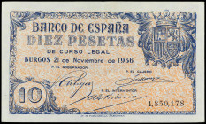 Spanish Banknotes
Estado Español

10 Pesetas. 21 Noviembre 1936. (Tres pliegues). Ed-418. MBC+.