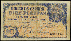 Spanish Banknotes
Estado Español

10 Pesetas. 21 Noviembre 1936. (Reparaciones, algo sucio). Ed-418. (MBC-).