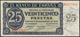 Spanish Banknotes
Estado Español

25 Pesetas. 21 Noviembre 1936. Serie R. (Pequeña manchita). Ed-419a. SC.