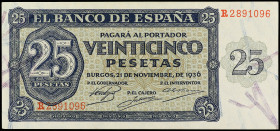 Spanish Banknotes
Estado Español

25 Pesetas. 21 Noviembre 1936. Serie R. (Leve doblez en esquina). Ed-419a. SC-.
