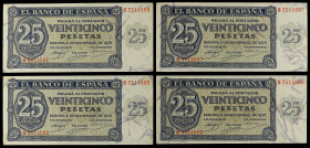Spanish Banknotes
Estado Español

Lote 4 billetes 25 Pesetas. 21 Noviembre 1936. Serie S. Todos correlativos. (Uno levísimas roturas en margen). Ed...