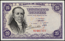 Spanish Banknotes
Estado Español

25 Pesetas. 19 Febrero 1946. Flórez Estrada. Sin Serie. (Leves arruguitas, esquina levísimamente rozada). Ed-450....