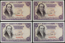 Spanish Banknotes
Estado Español

Lote 4 billetes 25 Pesetas. 19 Febrero 1946. Flórez Estrada. Serie G. Dos parejas correlativas. (Algunas leves ar...