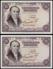 Spanish Banknotes
Estado Español

Lote 2 billetes 25 Pesetas. 19 Febrero 1946. Flórez Estrada. Serie H. Pareja correlativa. (Arruguitas). Ed-450a. ...